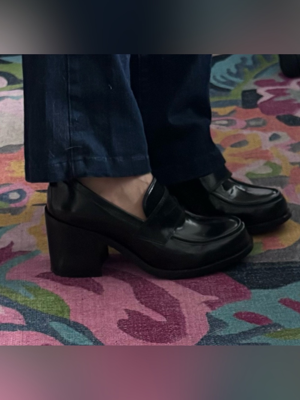 Black Leather Block Heel Mocasim - Women